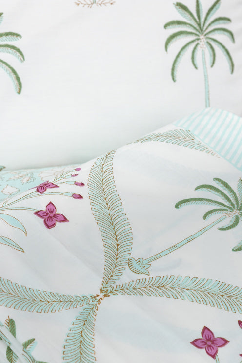 Green Palm Tree with Pink Flowers Percale Bedsheet