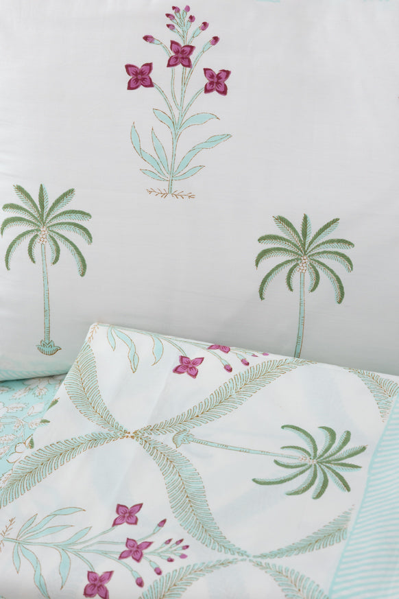 Green Palm Tree with Pink Flowers Percale Bedsheet