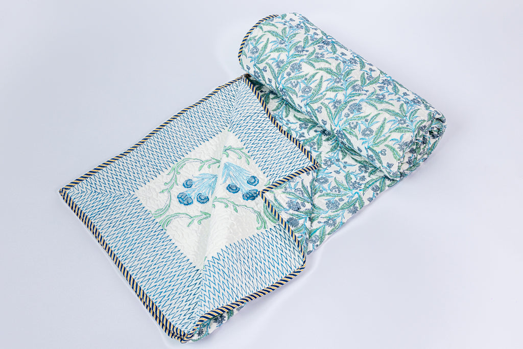 Handblock Printed (Reversible) Quilted Bedspread - Blue Floral