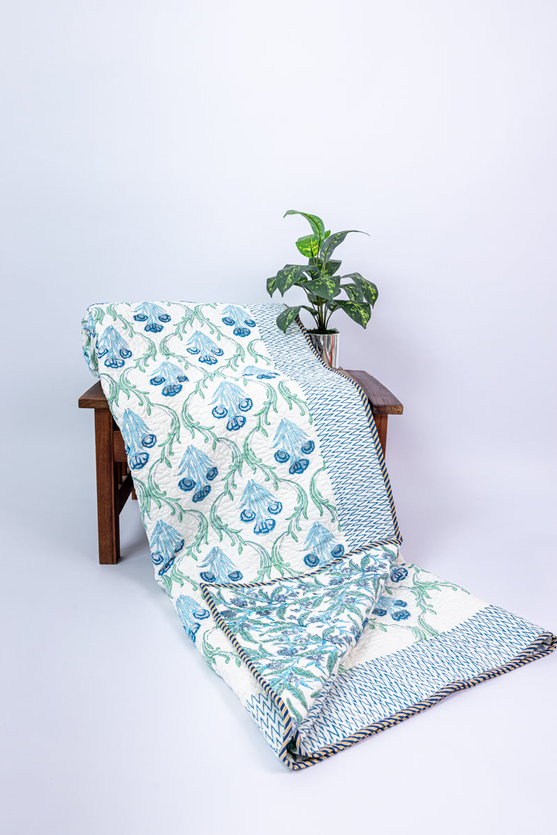 Handblock Printed (Reversible) Quilted Bedspread - Blue Floral