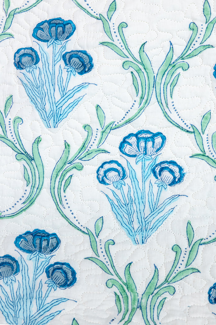 Handblock Printed (Reversible) Quilted Bedspread - Blue Floral