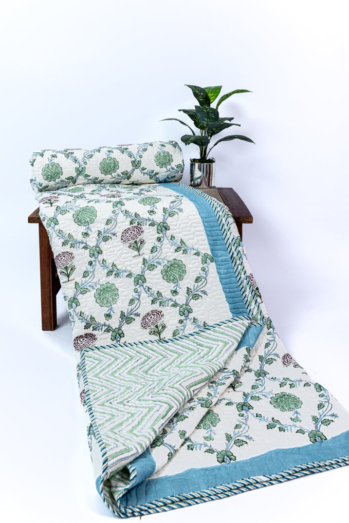 Handblock Printed (Reversible) Quilted Bedspread - Floral Blue Green