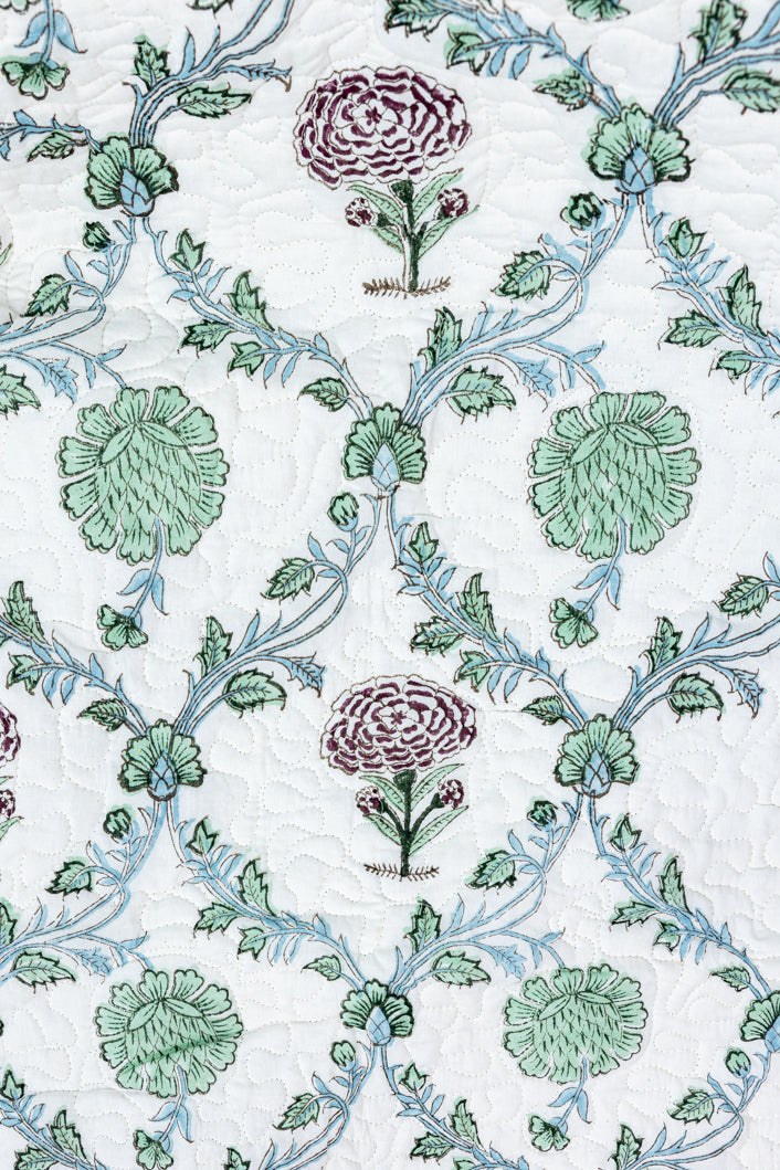 Handblock Printed (Reversible) Quilted Bedspread - Floral Blue Green