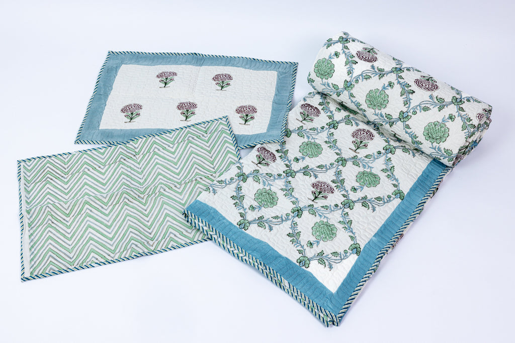 Handblock Printed (Reversible) Quilted Bedspread - Floral Blue Green
