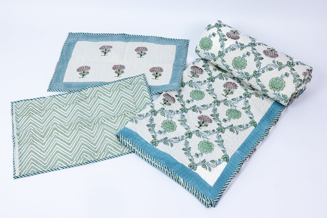 Handblock Printed (Reversible) Quilted Bedspread - Floral Blue Green