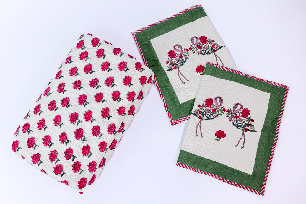 لحاف مطبوع يدويًا (ذو وجهين) - ورود حمراء