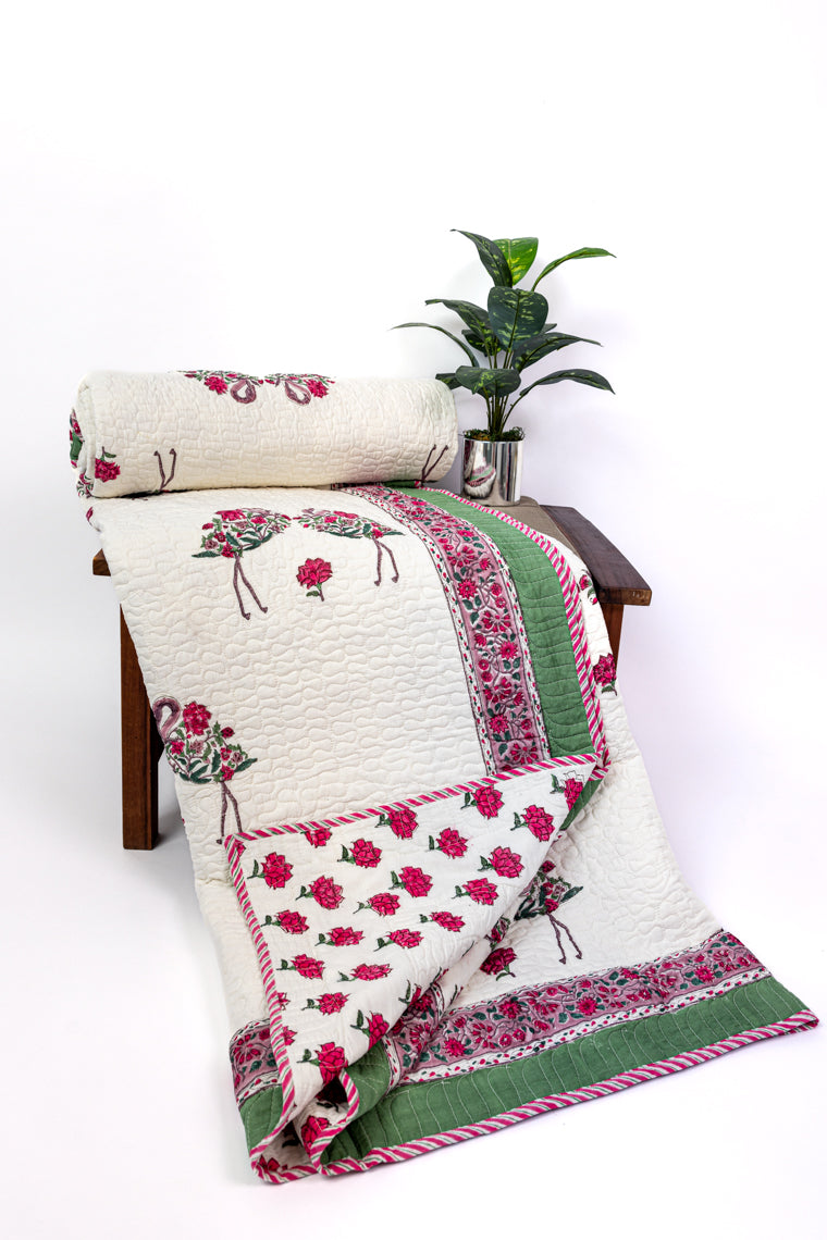 Handblock Printed (Reversible) Quilt - Red Roses