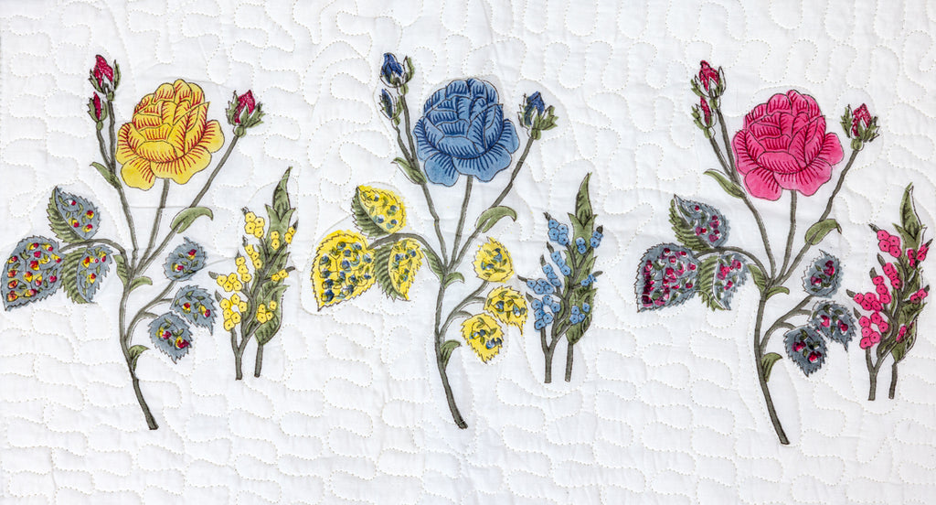 Handblock Printed (Reversible) Quilted Bedspread - Yellow Roses
