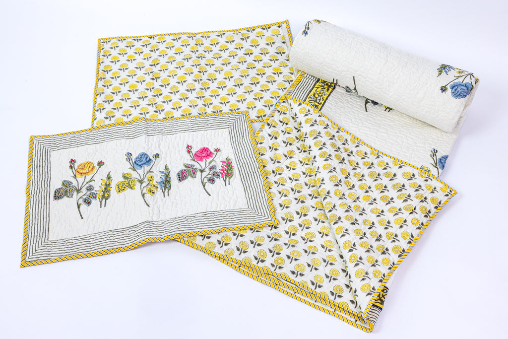Handblock Printed (Reversible) Quilted Bedspread - Yellow Roses