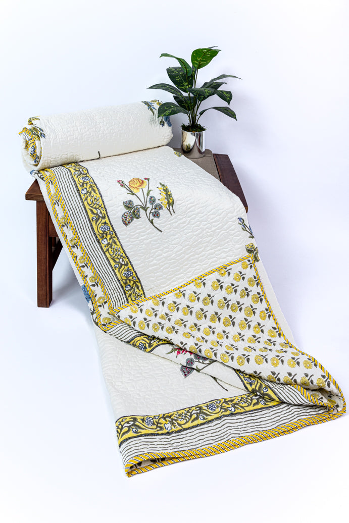 Handblock Printed (Reversible) Quilted Bedspread - Yellow Roses