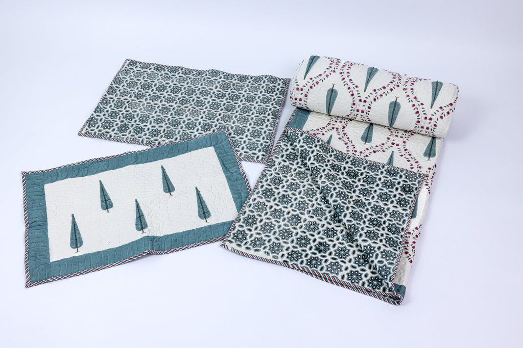 Handblock Printed (Reversible) Quilted Bedspread - Gray Feather