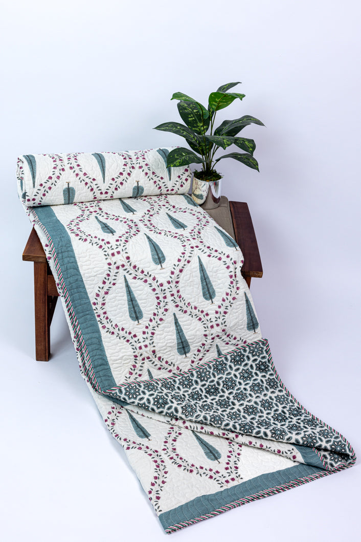Handblock Printed (Reversible) Quilted Bedspread - Gray Feather