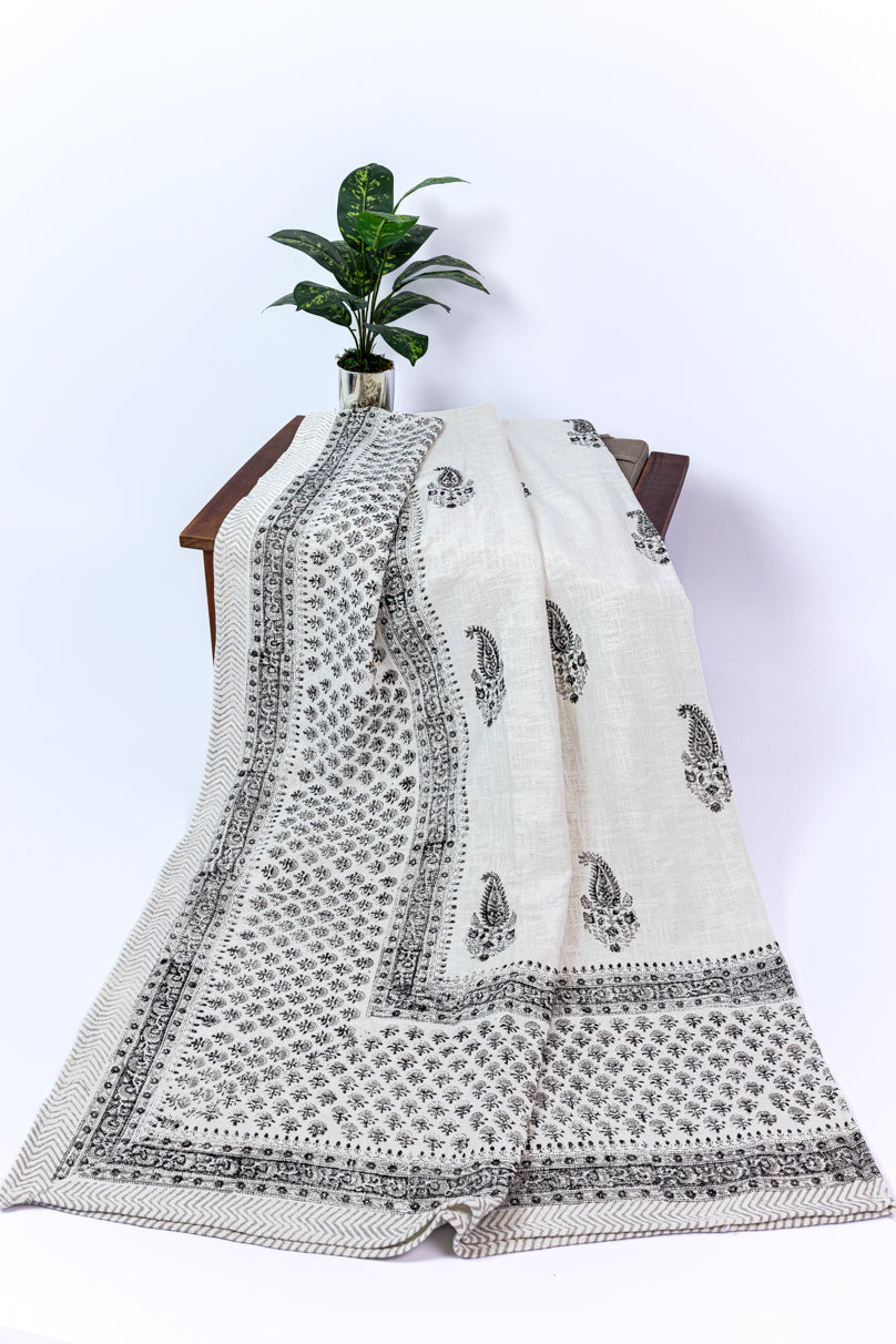Black and White Handblock Printed Jute Bed Cover