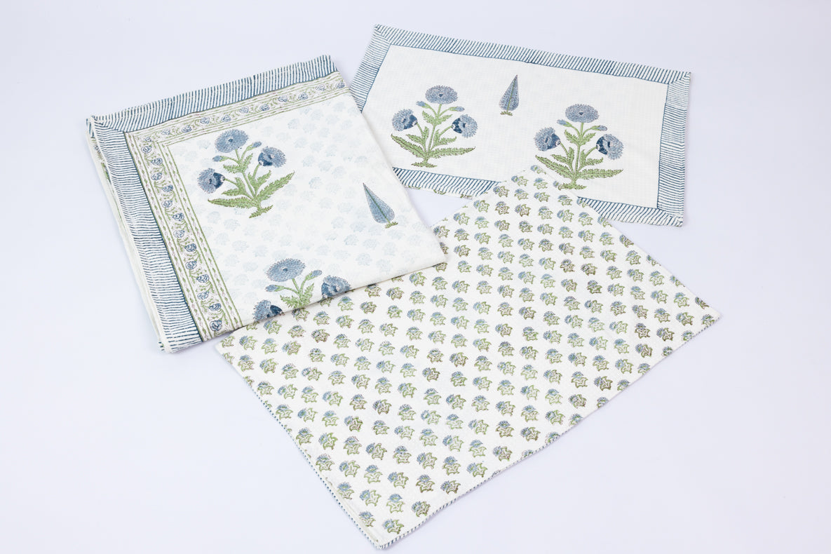 Blue Floral Handblock Printed Waffle Bed Cover