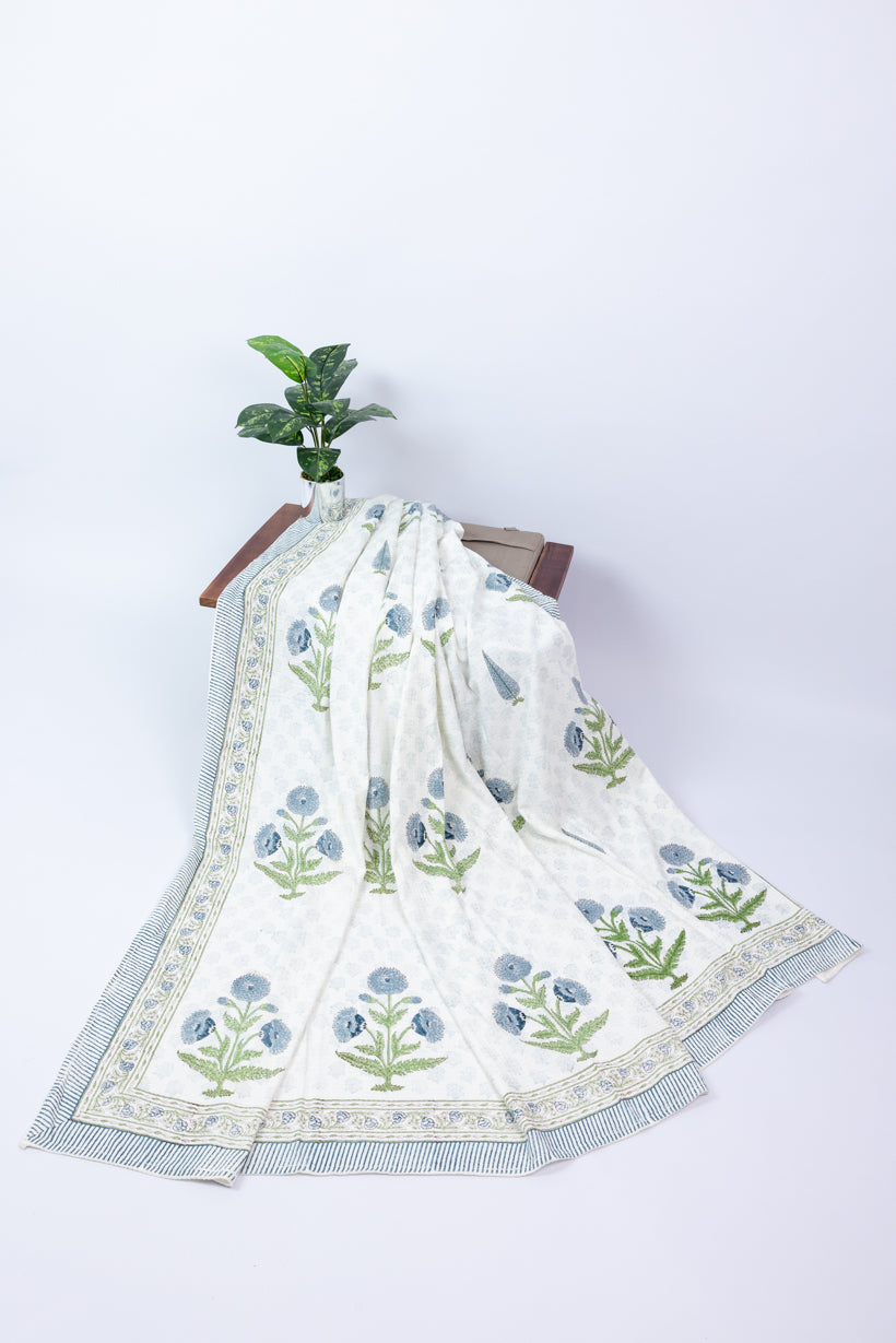 Blue Floral Handblock Printed Waffle Bed Cover
