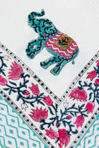 Green Elephant Handblock Printed Waffle Bed Cover