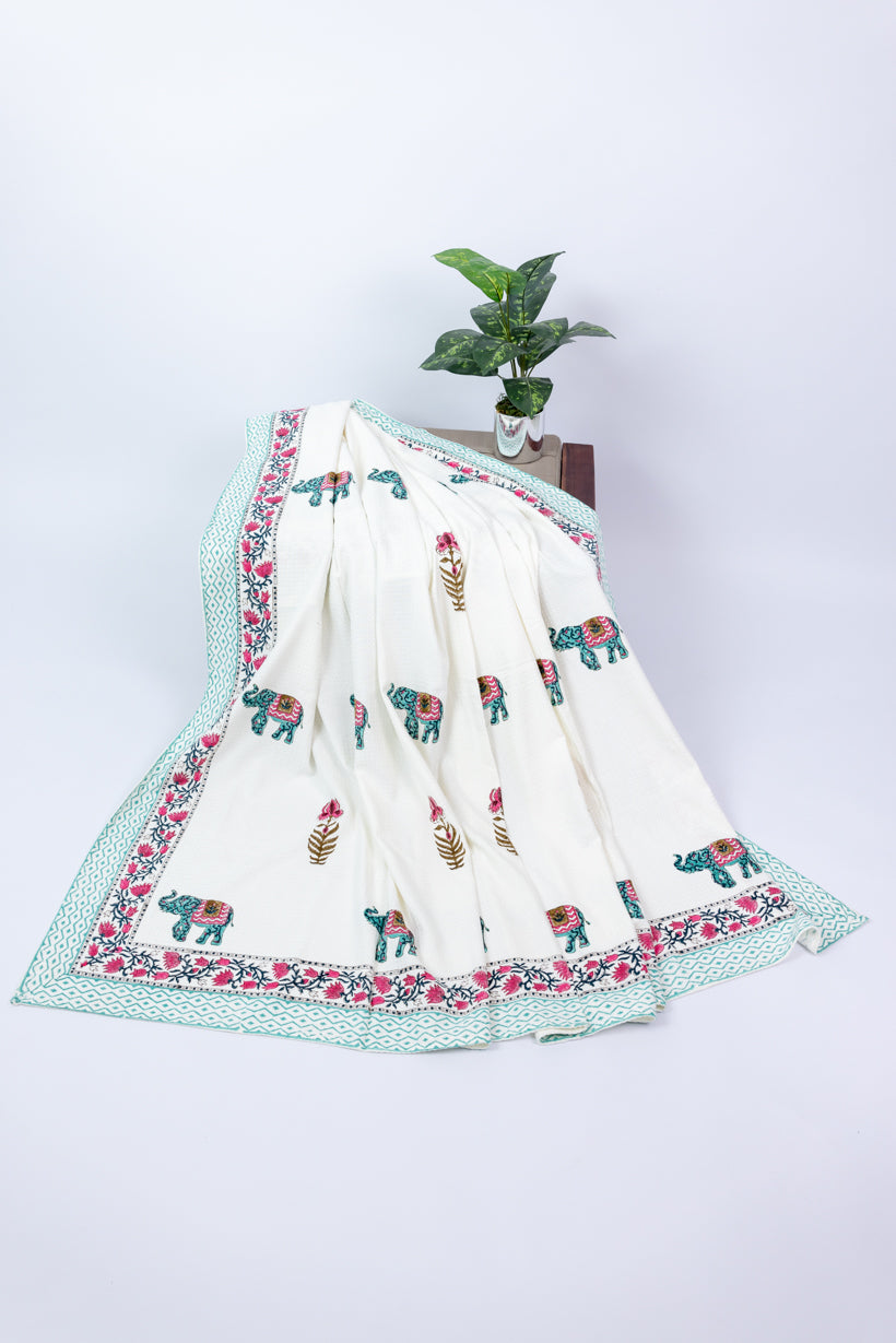 Green Elephant Handblock Printed Waffle Bed Cover
