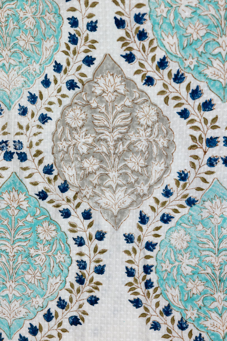 Cyan Handblock Printed Waffle Bed Cover