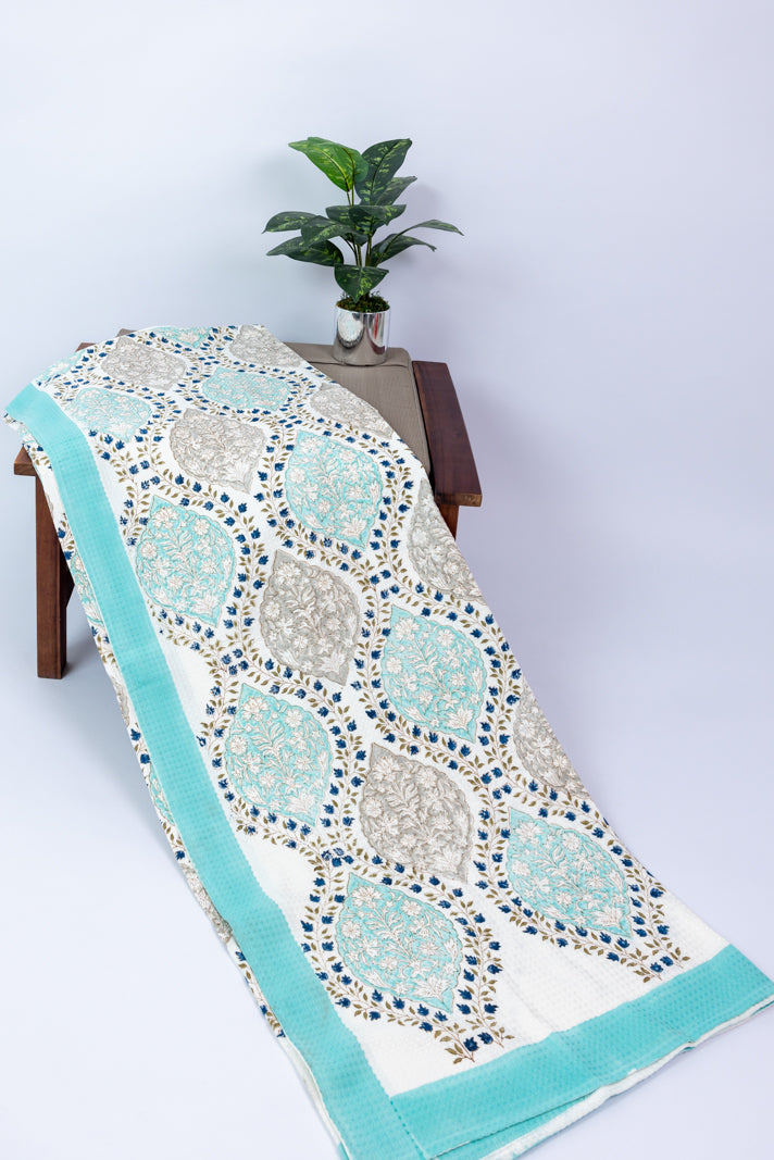 Cyan Handblock Printed Waffle Bed Cover