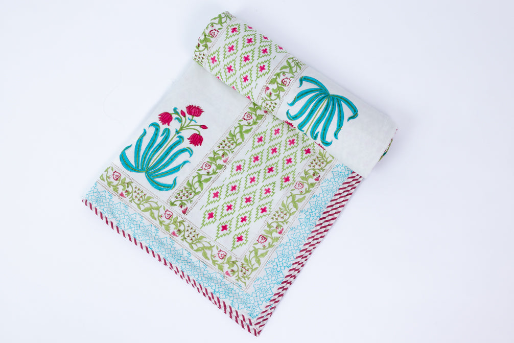 Handblock Printed (Reversible) Dohar - Red Flowers