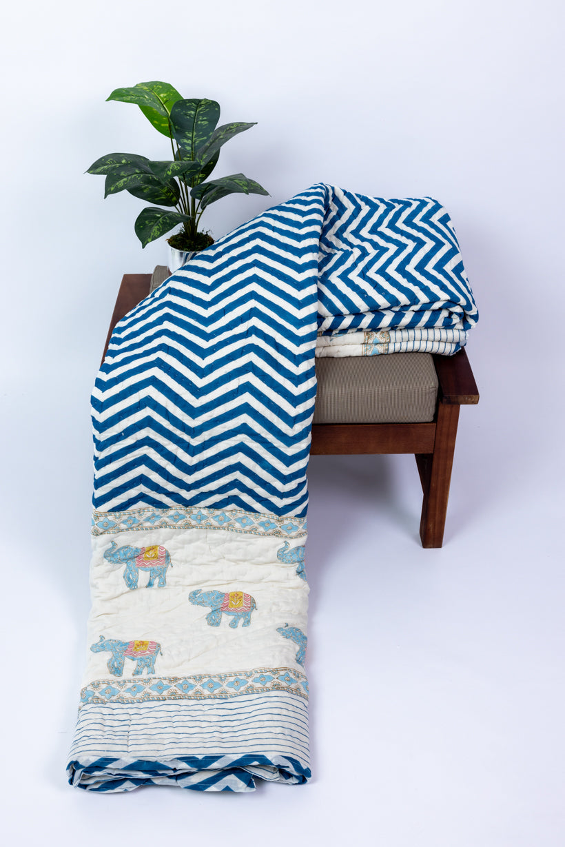 Handblock Print (Reversible) Mulmul Quilt - Blue Elephant