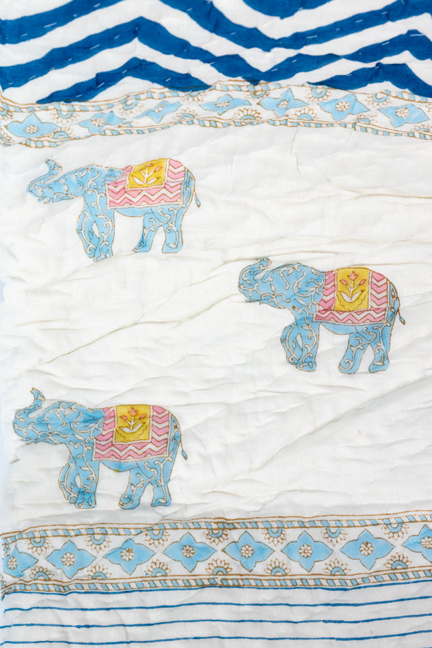 لحاف مولمول مطبوع يدويًا (ذو وجهين) - فيل أزرق