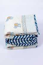 Handblock Print (Reversible) Mulmul Quilt - Blue Elephant