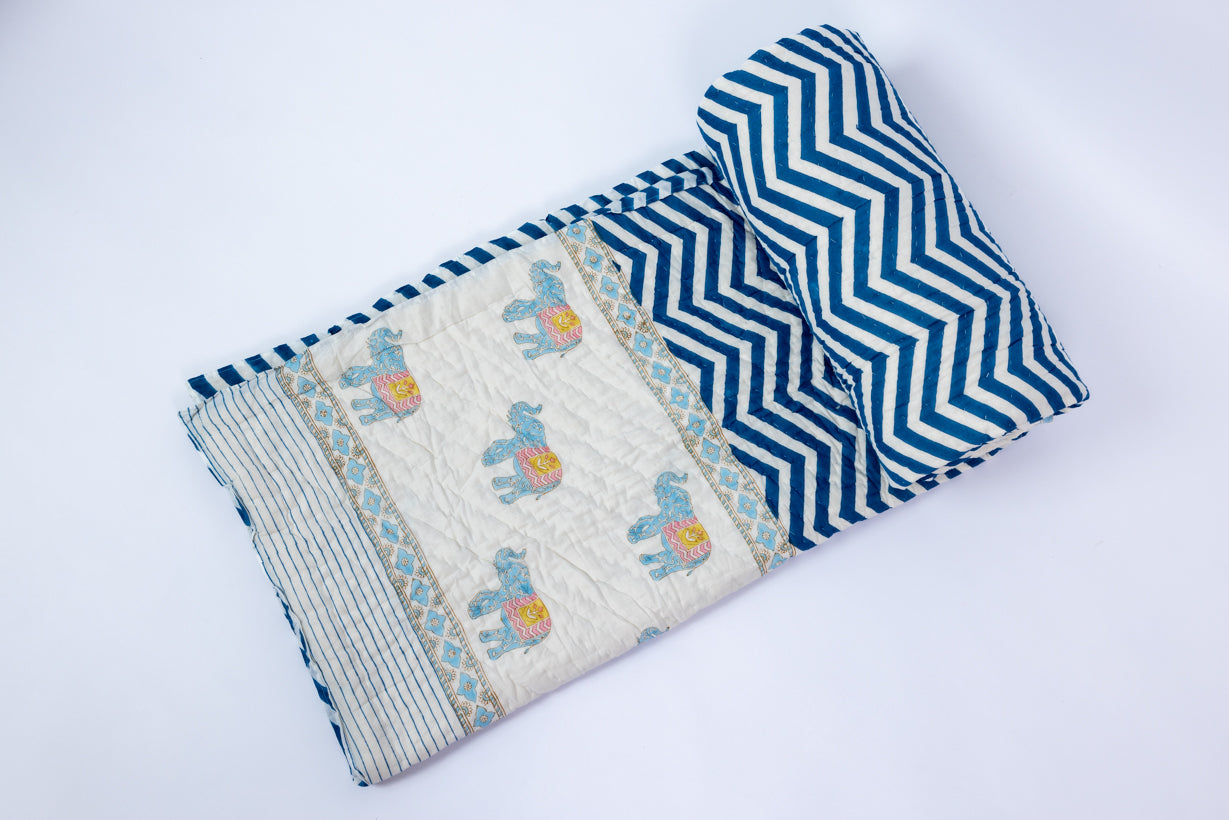Handblock Print (Reversible) Mulmul Quilt - Blue Elephant