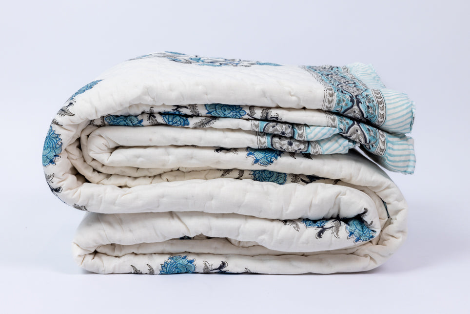 Handblock Print (Reversible) Mulmul Quilt - Blue Floral
