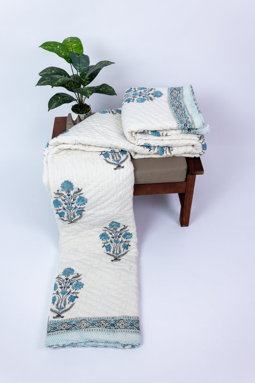 Handblock Print (Reversible) Mulmul Quilt - Blue Floral