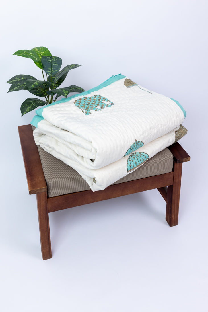 Handblock Print (Reversible) Mulmul Quilt – Multi Color Elephant