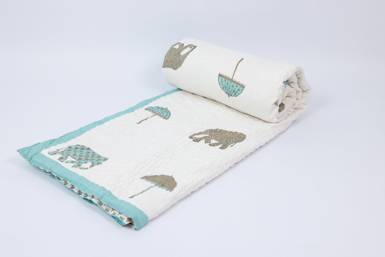 Handblock Print (Reversible) Mulmul Quilt – Multi Color Elephant