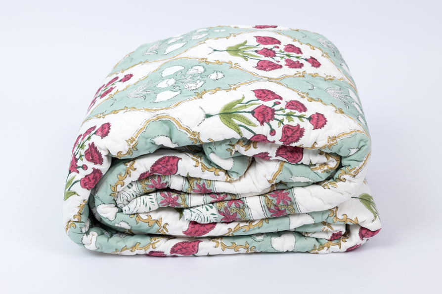 Handblock Print (Reversible) Mulmul Quilt – Cyan Red Floral