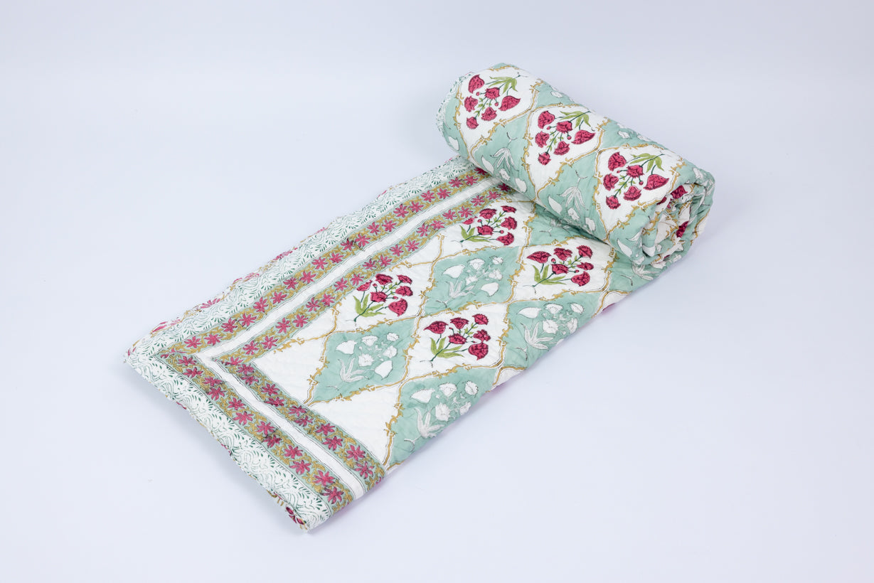 Handblock Print (Reversible) Mulmul Quilt – Cyan Red Floral