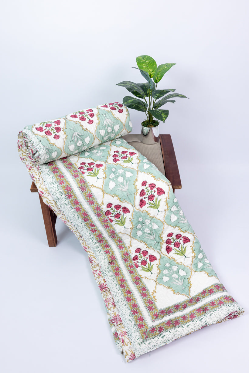 Handblock Print (Reversible) Mulmul Quilt – Cyan Red Floral