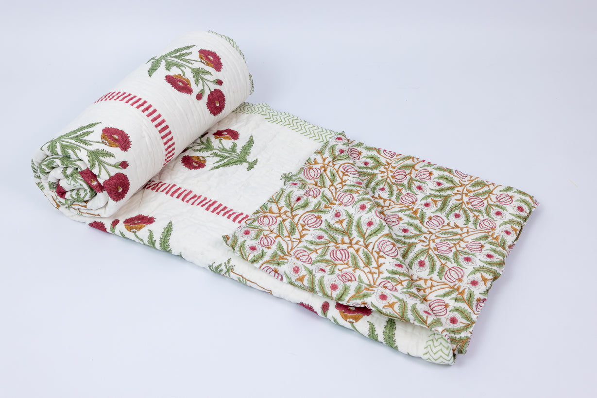 Handblock Print (Reversible) Mulmul Quilt – Red Floral