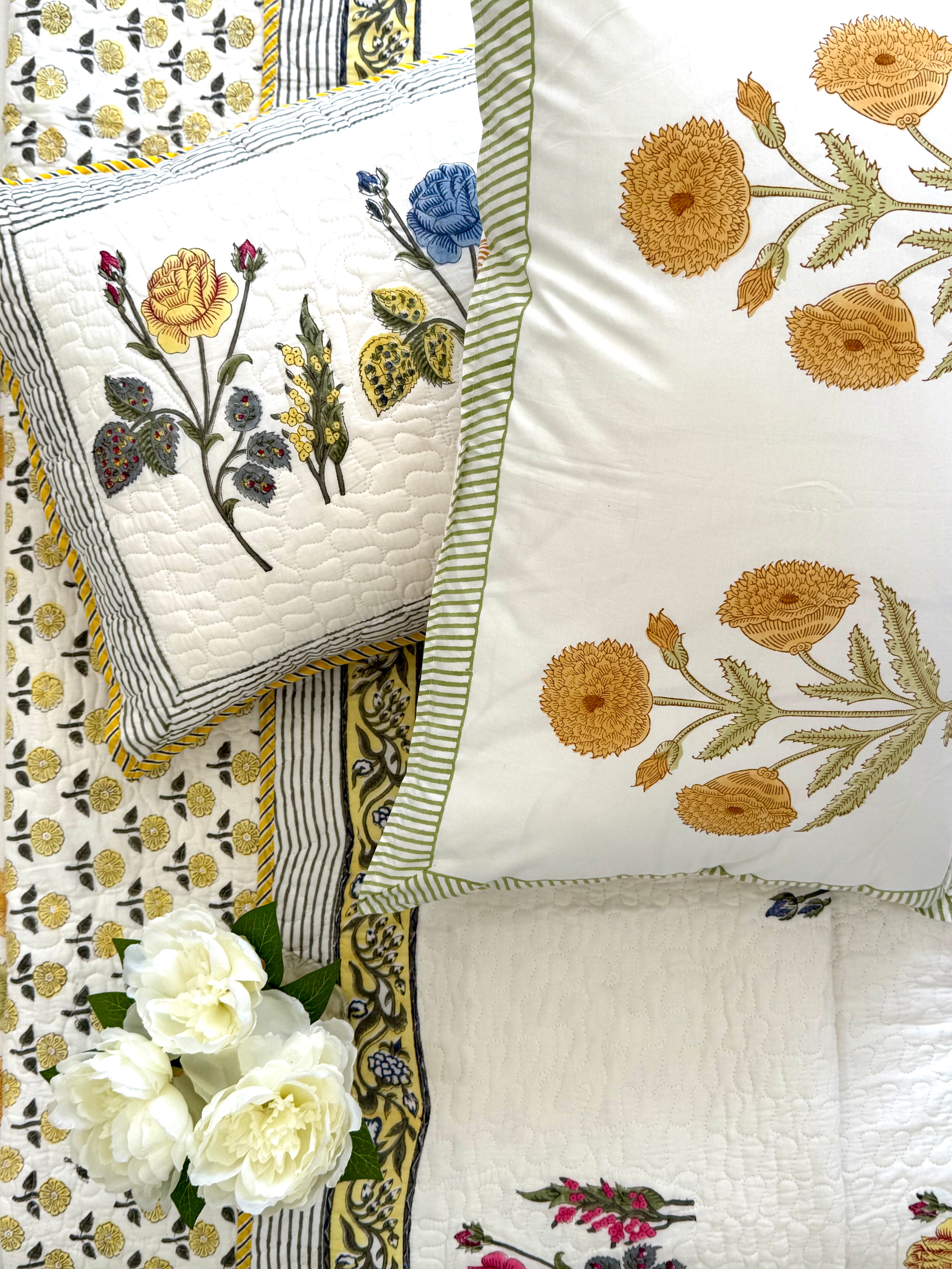 Handblock Printed (Reversible) Quilted Bedspread - Yellow Roses