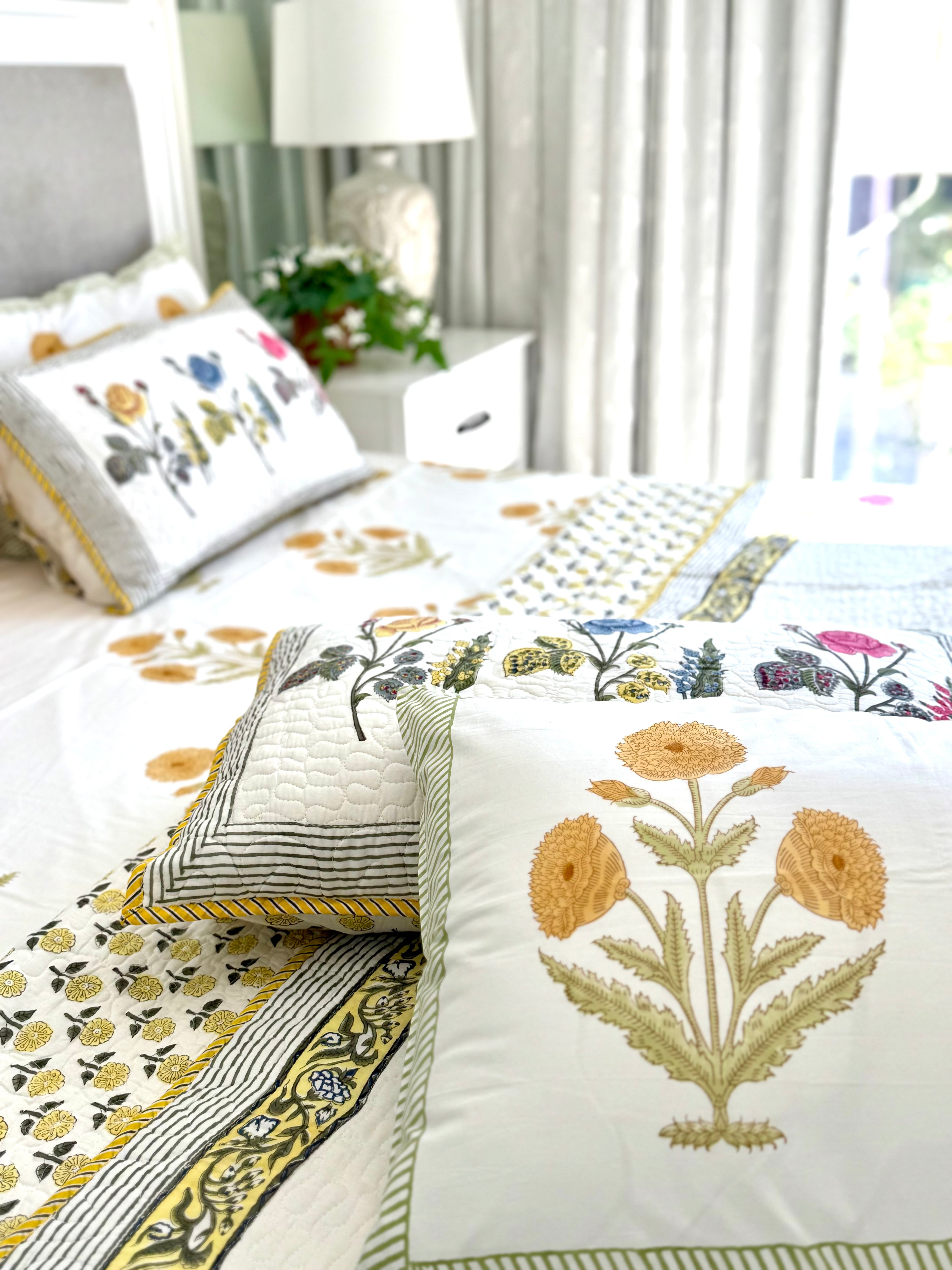 Handblock Printed (Reversible) Quilted Bedspread - Yellow Roses