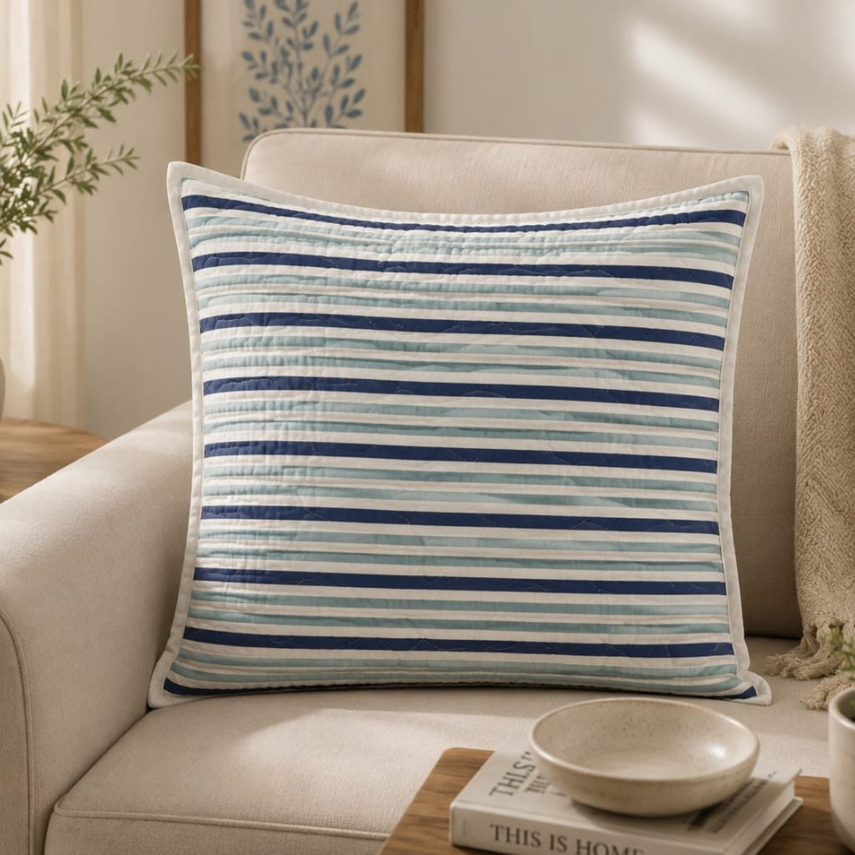 Blue Striped Quilted Cushion Cover