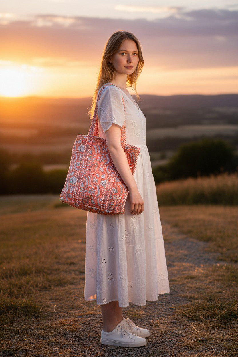 Peach & White Floral Tote Bag