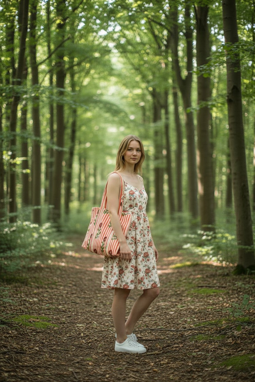 Orange & Red Floral Tote Bag
