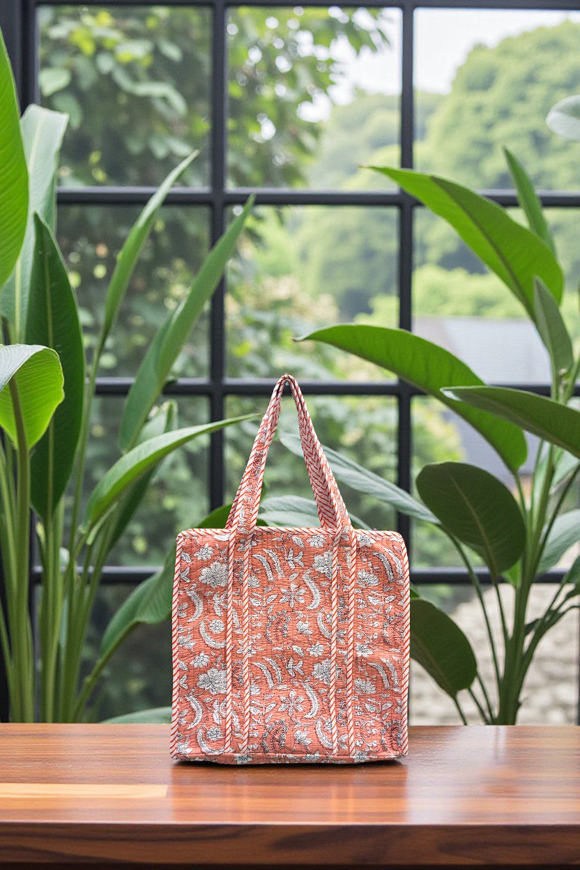 Peach & White Floral Tote Bag