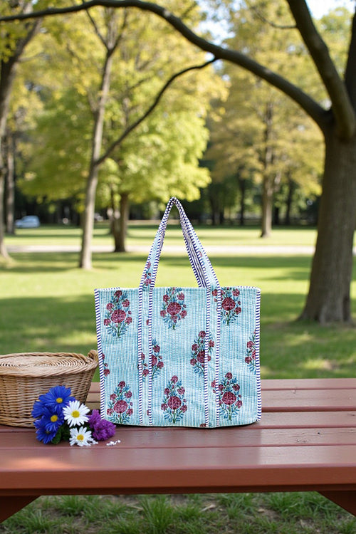 Blue & Red Floral Stripe Tote Bag