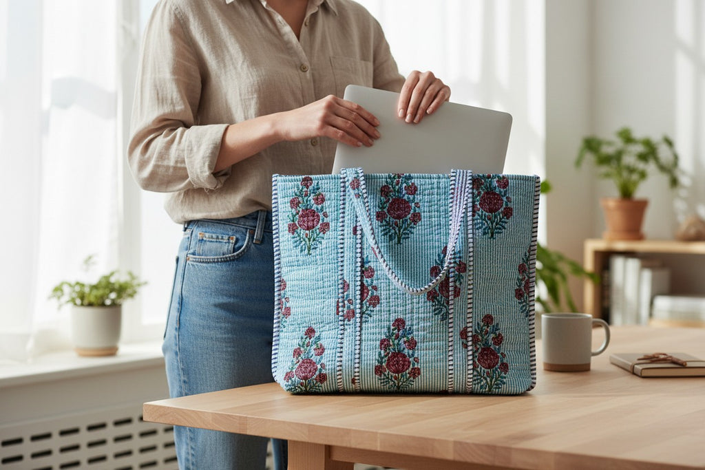 Blue & Red Floral Stripe Tote Bag