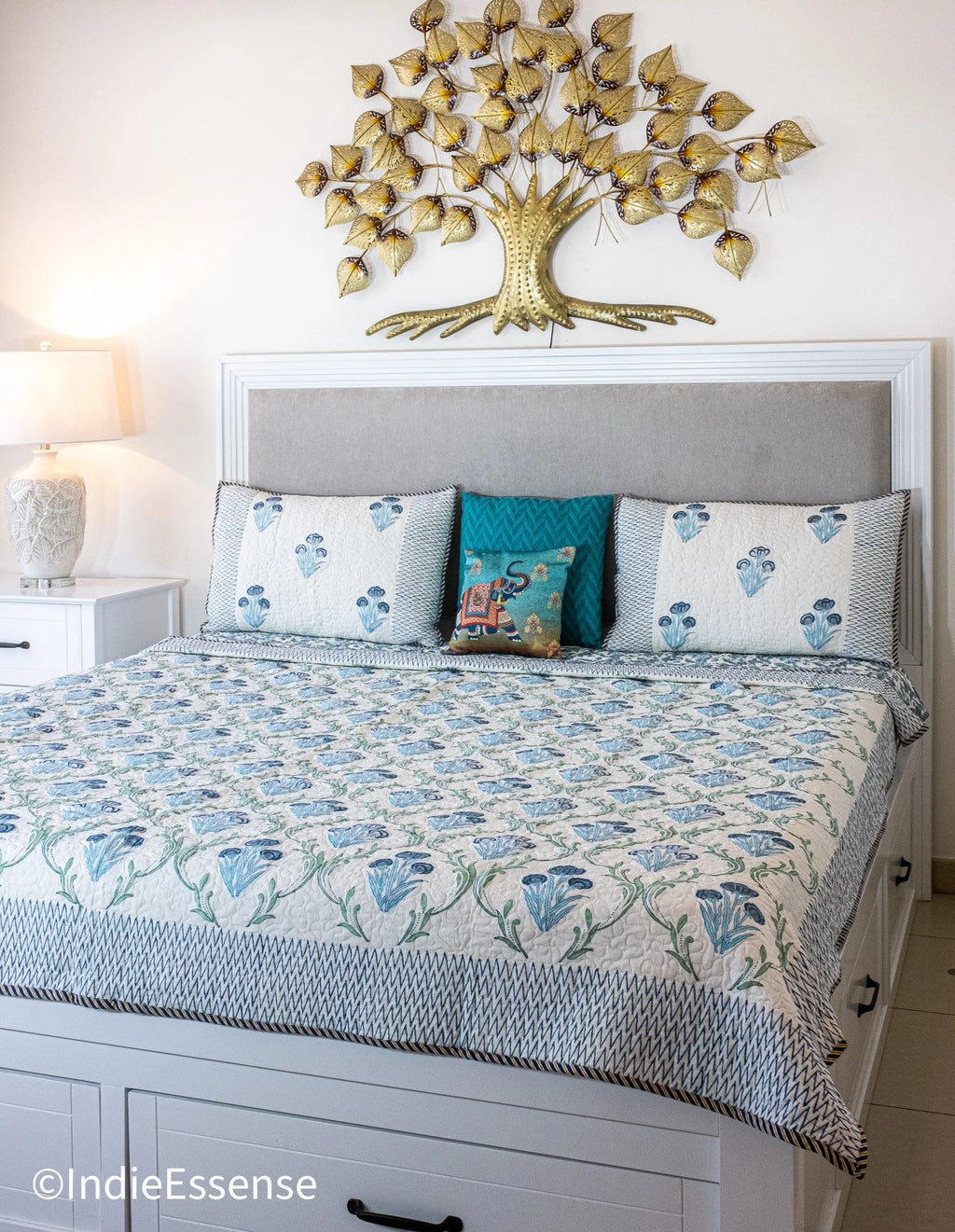 Handblock Printed (Reversible) Quilted Bedspread - Blue Floral
