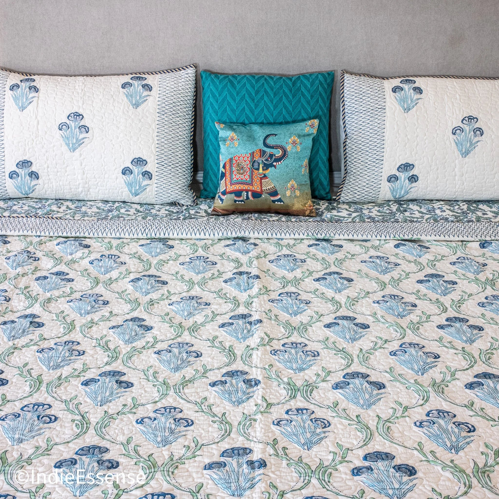 Handblock Printed (Reversible) Quilted Bedspread - Blue Floral