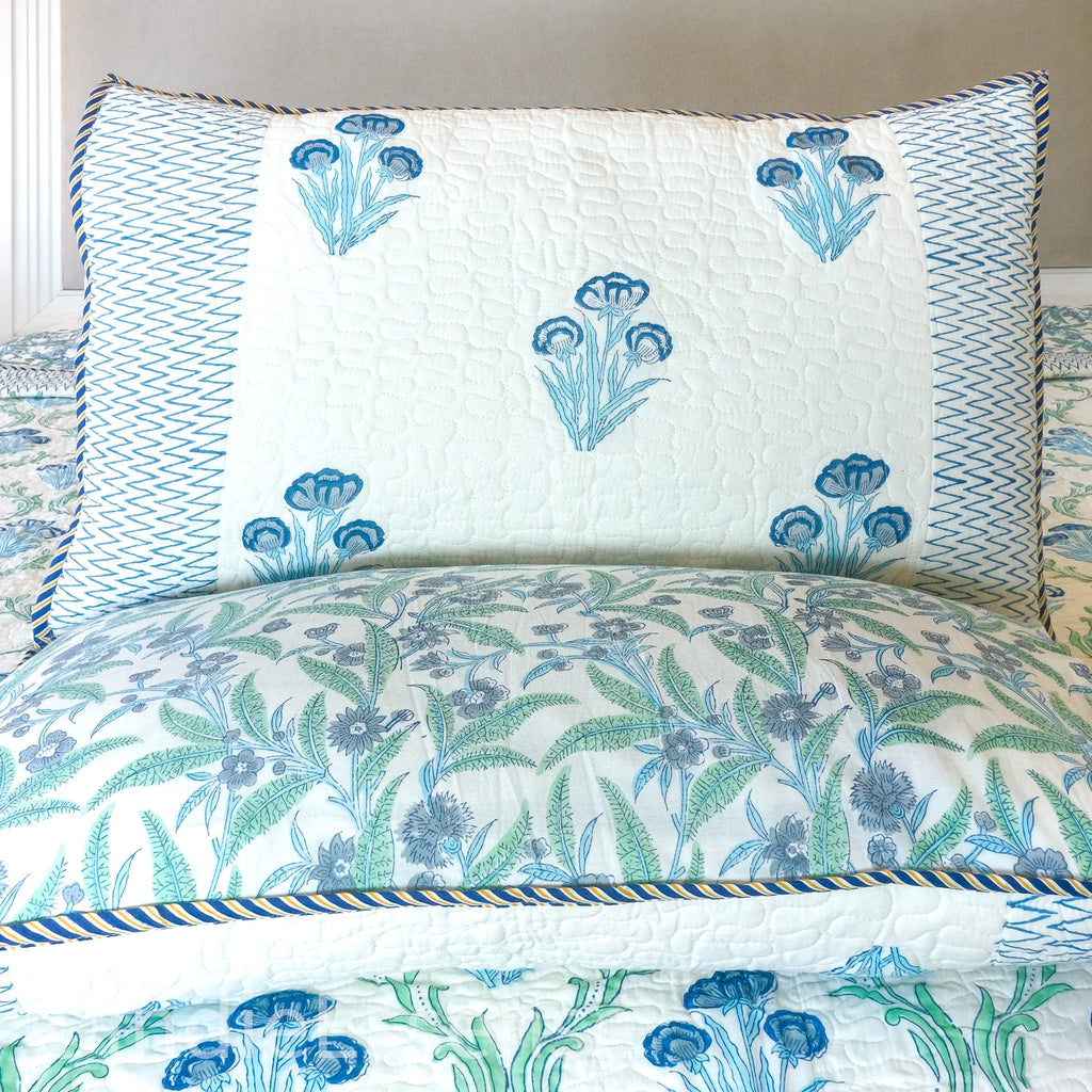 Handblock Printed (Reversible) Quilted Bedspread - Blue Floral