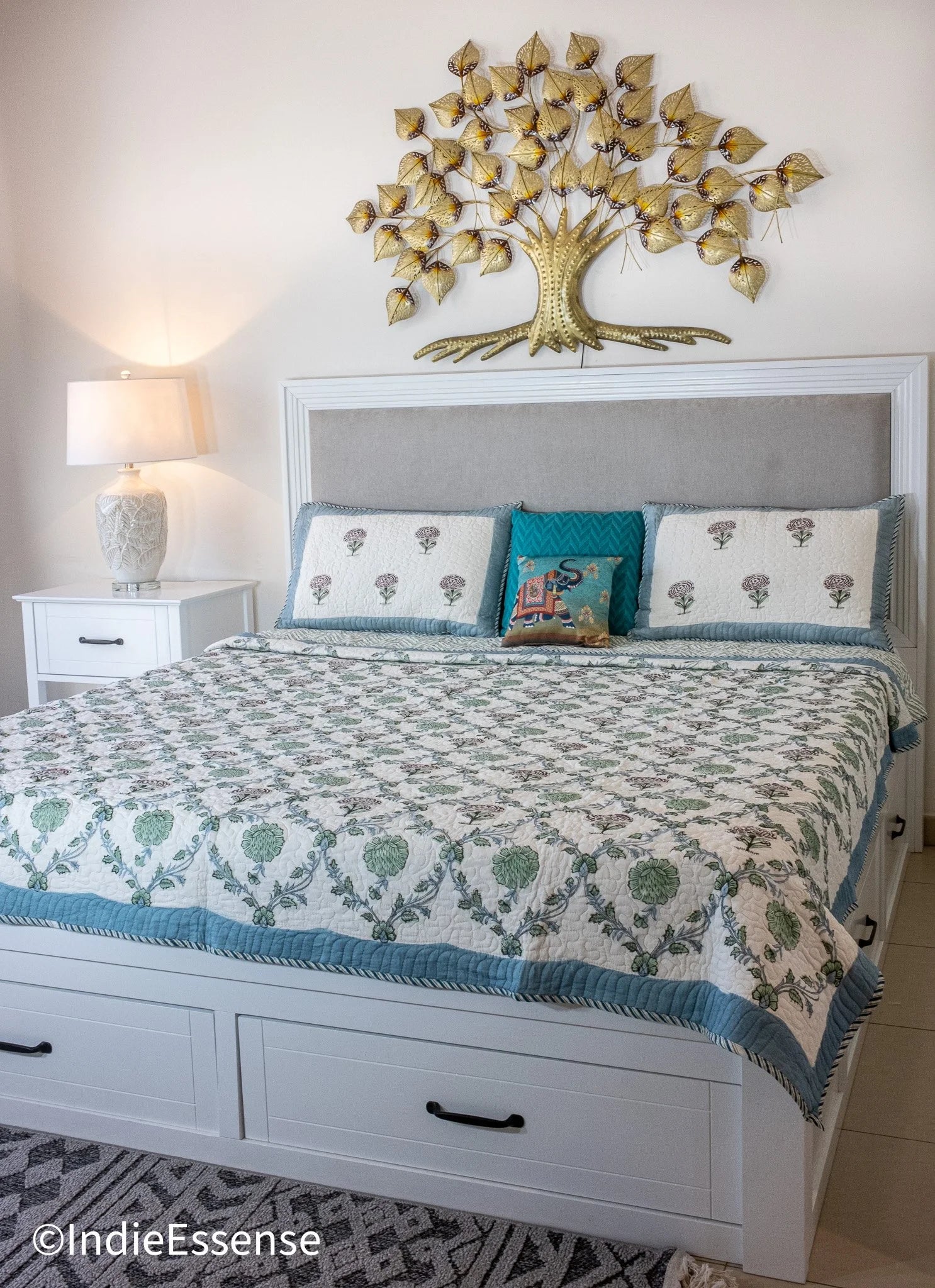 Handblock Printed (Reversible) Quilt - Floral Blue Green