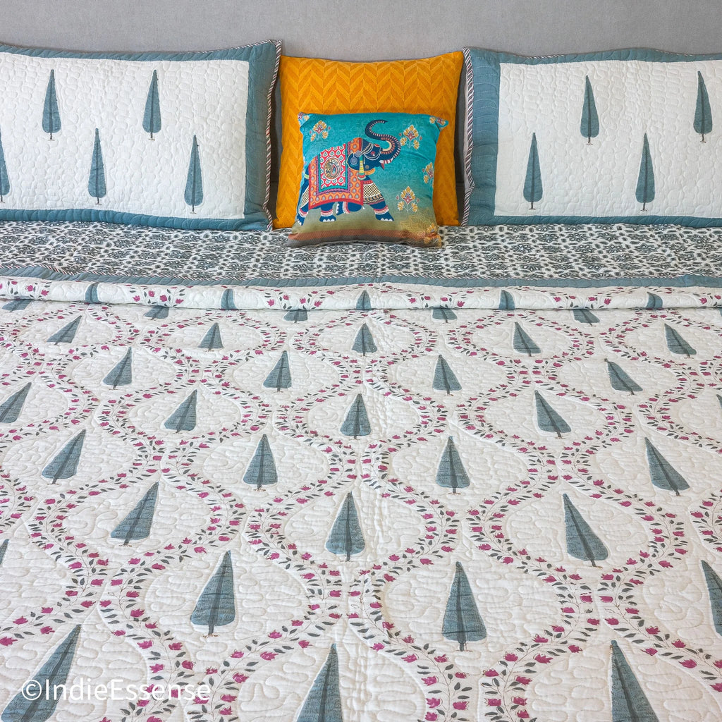 Handblock Printed (Reversible) Quilted Bedspread - Gray Feather