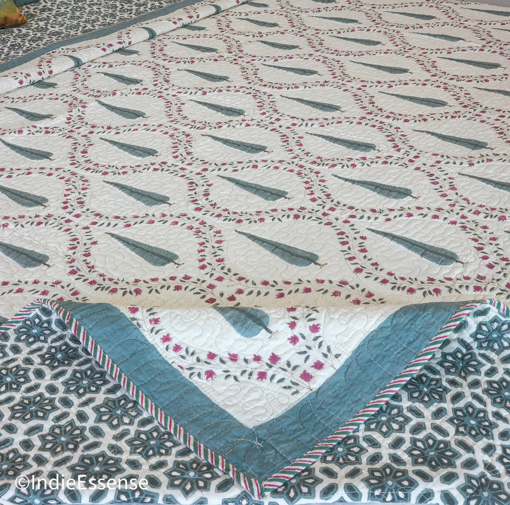 Handblock Printed (Reversible) Quilted Bedspread - Gray Feather